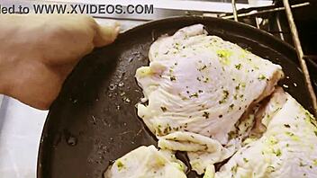 athletic mature slut flashes pussy while cooking then bends for orgasm fuck