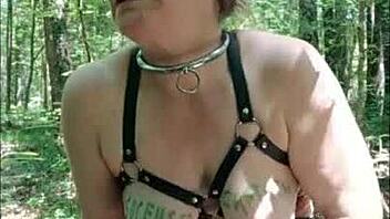 French Slave Bound in Forest Dogging Blowjob and Piss