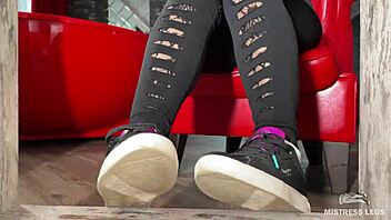 goddess teases wrinkled feet in socks barefoot under desk closeup