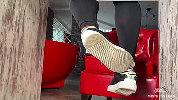 goddess teases wrinkled feet in socks barefoot under desk closeup