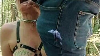 French Slave Bound in Forest Dogging Blowjob and Piss