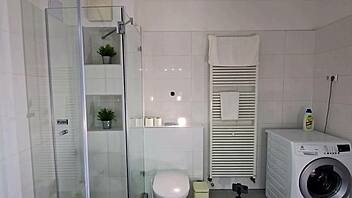 petite horny brunette in miniskirt ignored in bathroom till sexy fun