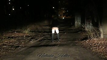 pretty blonde's risky naked autumn walk flashing big tits outdoors