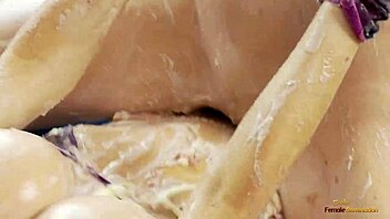 blonde milf dives into friend's shaved pussy licking frenzy on floor