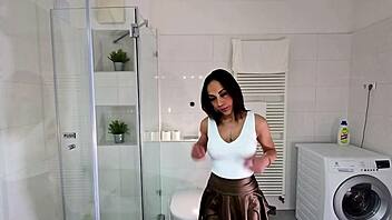 petite horny brunette in miniskirt ignored in bathroom till sexy fun