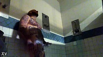 Prison inmate masturbates solo with wet big cock tattoos