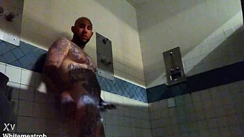 Prison inmate masturbates solo with wet big cock tattoos