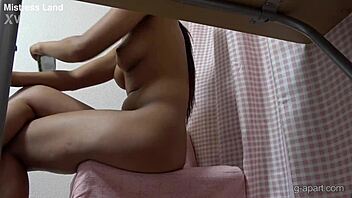 Tanned Japanese Perfect Body Teases Under Desk View