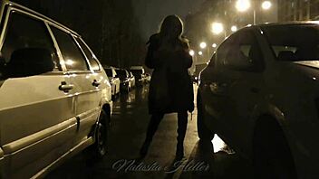 pretty blonde's risky naked autumn walk flashing big tits outdoors