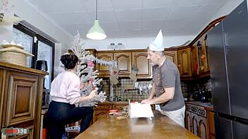 emmita's massive natural tits bounce wildly during passionate xmas kitchen fuck ending in terry's rough anal