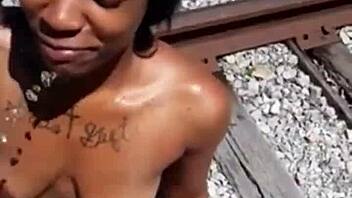 Fisherman catches busty ebony stripper for outdoor dirty shower 💦🍑