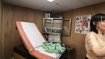 Scarlett Johnson squeezes huge tits in medical fetish play!