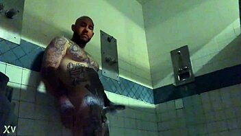Prison inmate masturbates solo with wet big cock tattoos