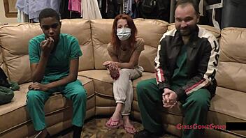 Doctor tampa's nurse jewel examines masked ebony patient desk