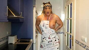 Quick squirting kitchen fuck with big clit milf wife pounding her huge pussy