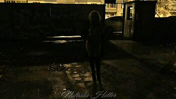 pretty blonde's risky naked autumn walk flashing big tits outdoors