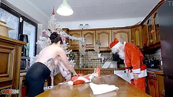 emmita's massive natural tits bounce wildly during passionate xmas kitchen fuck ending in terry's rough anal