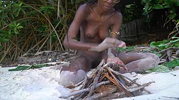 skinny african girl cooks naked outdoors forest small tits waist