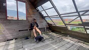 daring guy cums naked risky near strangers' road