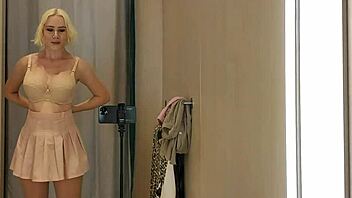 blonde flashing naked in see-through try-on haul mall fitting room spy?