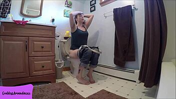 cum watch this horny brunette milf shave pussy closeup in bathroom toilet