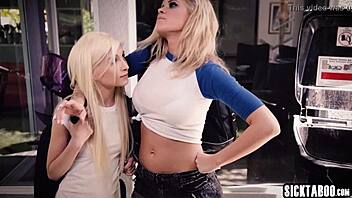 hey busty blonde milf, wanna fuck this petite teen's small tits pussy?