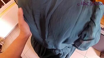 girl pulls big panties aside for kitchen doggystyle fuck