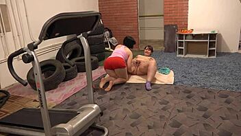 fitness break turns orgasmic as lesbian licks chubby girlfriend's hairy pussy