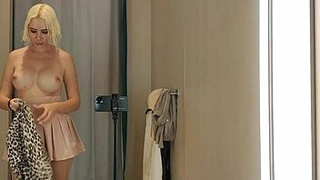 blonde flashing naked in see-through try-on haul mall fitting room spy?