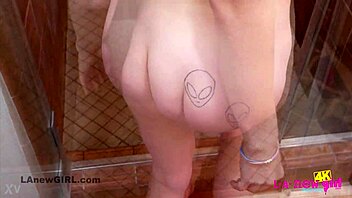 Adorable blonde braces cutie strips sexy shower groping pierced tits 4k