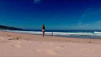 sasha ikeyeva flaunts bikini ass on spanish doninos beach travel show