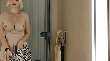 blonde flashing naked in see-through try-on haul mall fitting room spy?