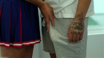 cute cheerleader risa may gags on cock then rides hard