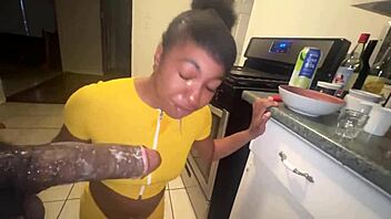 Ebony slut stepsis deepthroats and spreads for creampie