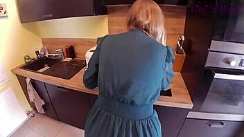 girl pulls big panties aside for kitchen doggystyle fuck