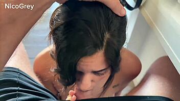 Brunette latina delivers sloppy deepthroat blowjob in steamy hardcore orgy POV