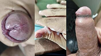 i love jerking my small foreskin cock while she squirts on her tits!