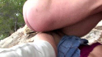 Slutty brunette cougar rides big cock to anal creampie outdoors in fishnets