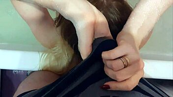 Jerking masked girl's hair cumshot in bathroom thrill