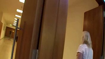 Blonde milf sneaks blowjob and cumshot in mall restroom