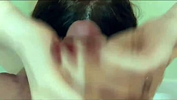 Jerking masked girl's hair cumshot in bathroom thrill