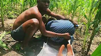 Curvy black babe bent over big clit hairy pussy doggystyle in forest ranch