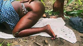 Curvy black babe bent over big clit hairy pussy doggystyle in forest ranch