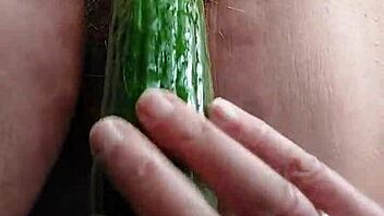 granny slut fucks hairy pussy with cucumber deep