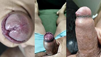 i love jerking my small foreskin cock while she squirts on her tits!