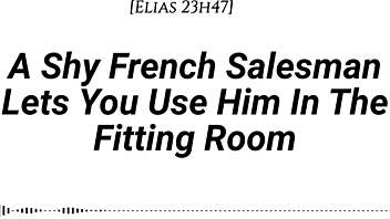shy french salesman pulled into fitting room for wild face ride