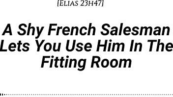 shy french salesman pulled into fitting room for wild face ride
