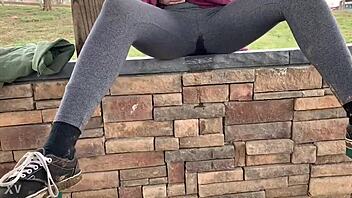 watch this teen soak leggings peeing outdoors solo