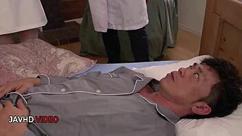 japanese nurse in stockings examines patient's shaved pussy at hospital