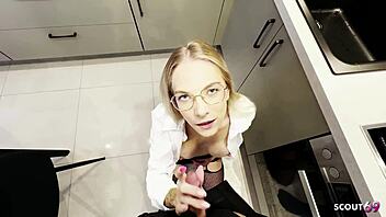 Skinny German blonde teen in glasses tempts quick kitchen POV anal creampie pounding